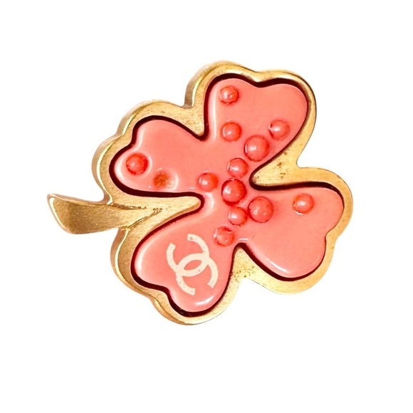 Authentic CHANEL Pink & Gold Four Leaf Clover Shamrock Lucky Charm Brooch Pin - Picture 10 of 10